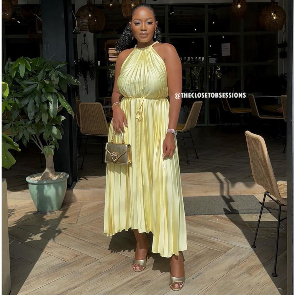 Mango NWT Butter Yellow Pleated Halter Midi Dress 8 - Picture 13 of 16
